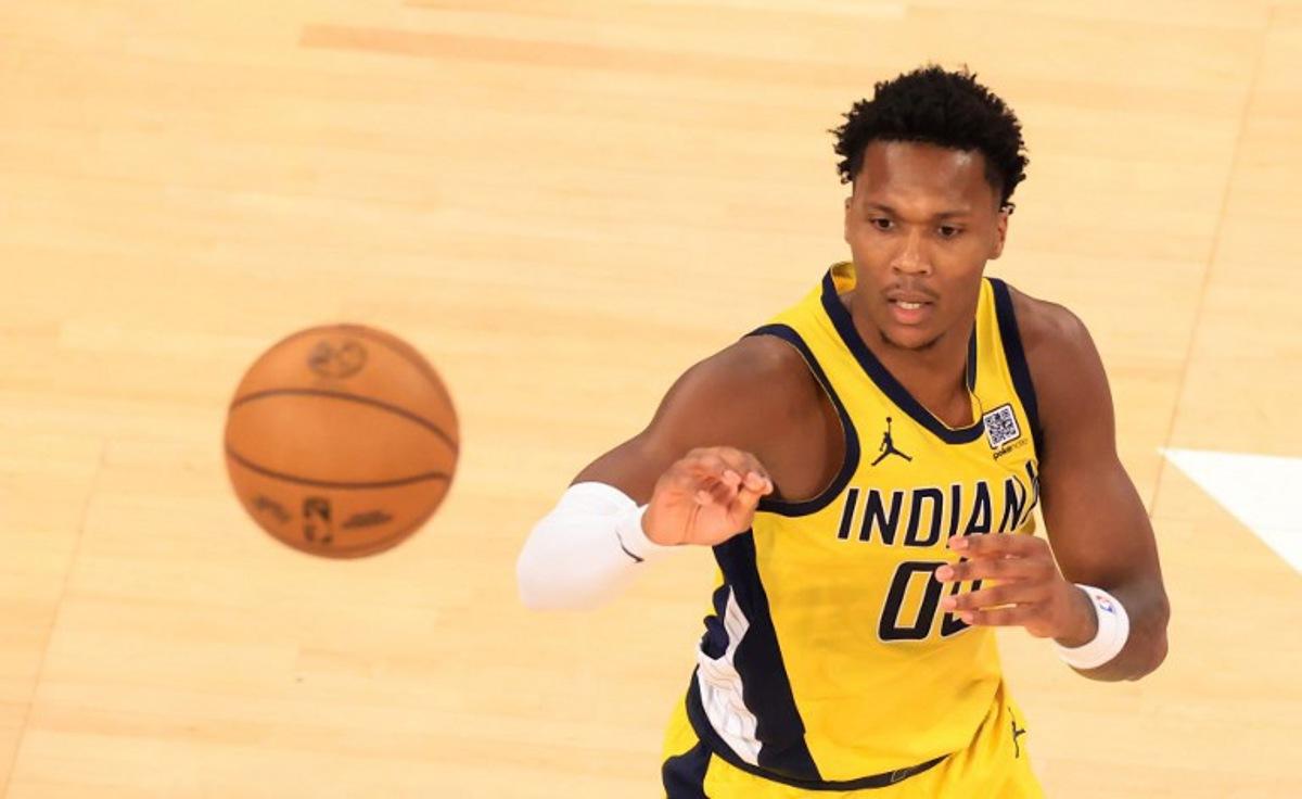 Pacers' point guard #02 Andrew Nembhard throws the ball during Game Five of the Eastern Conference Finals of the 2025 NBA Playoffs between the New York Knicks and the Indiana Pacers at Madison Square Garden in New York on May 29, 2025. CHARLY TRIBALLEAU / AFP