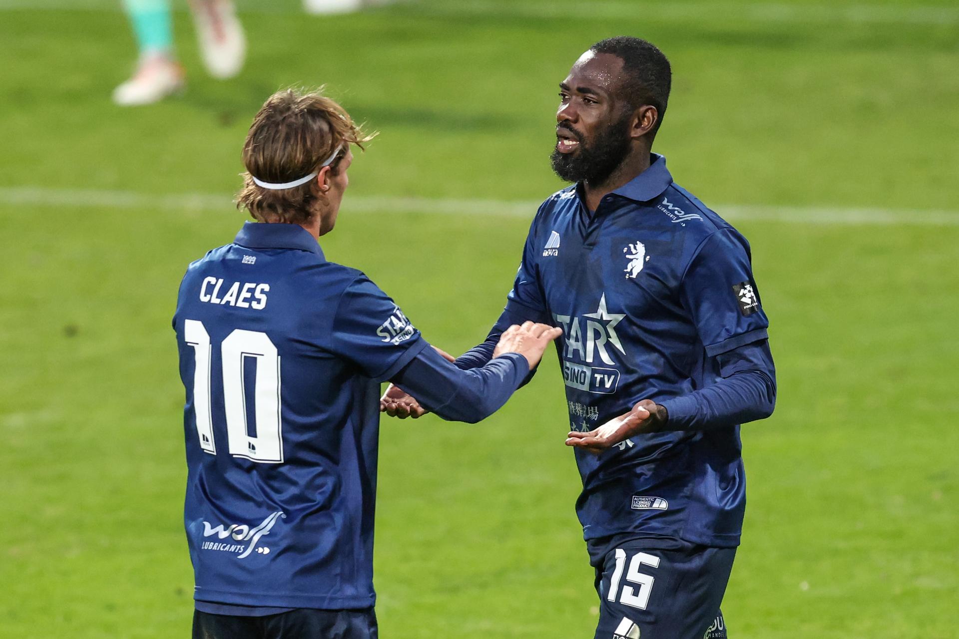 Beerschot's Arnold Vula celebrates after scoring during a soccer match between KAS Eupen and K. Beerschot VA, Sunday 25 October 2026 in Eupen, on day 8 of the 2026-2027 'Challenger Pro League' second division of the Belgian championship. BELGA PHOTO BRUNO FAHY
