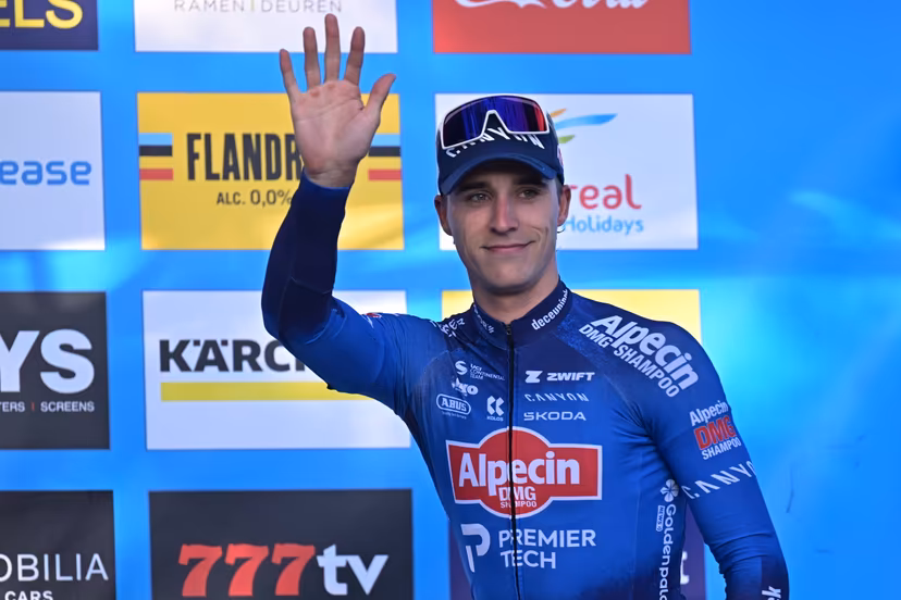 Belgian Niels Vandeputte pictured on the podium after the men's elite race of the 'Berencross Meulebeke' cyclocross cycling event, race 2/8 in the 'HG Cross' competition, on Saturday 17 October 2026. BELGA PHOTO DAVID PINTENS