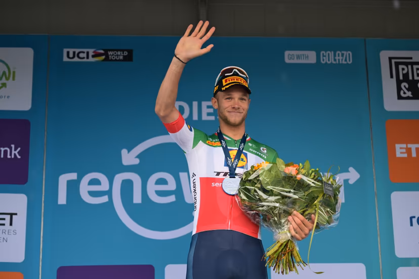 Winner Italian Jonathan Milan of Lidl-Trek celebrates on the podium of the first stage of the 'Renewi Tour' multi-stage cycling race, from Diest and back (191,3 km) on Wednesday 19 August 2026. The five-day race takes place from 19 to 23/08. BELGA PHOTO DAVID PINTENS
