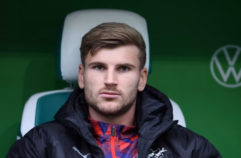 Leipzig's German forward #36 Timo Werner sits on the bench prior to the German first division Bundesliga football match between VfL Wolfsburg and RB Leipzig in Wolfsburg, northern Germany on September 27, 2025. Ronny HARTMANN / AFP