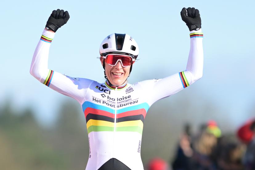 Dutch Lucinda Brand celebrates as she crosses the finish line to win the elite women race of the 'Waaslandcross' cyclocross cycling event, Saturday 14 February 2026 in Sint-Niklaas, the seventh and last race of the Exact Cross competition. BELGA PHOTO DAVID PINTENS