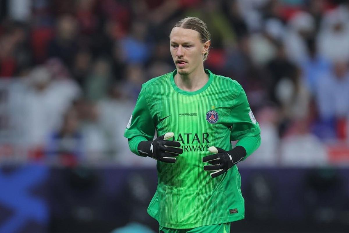 Paris Saint-Germain's Russian goalkeeper #39 Matvey Safonov reacts during the 2025 FIFA Intercontinental Cup final football match between Paris Saint-Germain (PSG) and CR Flamengo at the Ahmad bin Ali Stadium in Al-Rayyan on the outskirts of Doha on December 17, 2025. Karim JAAFAR / AFP