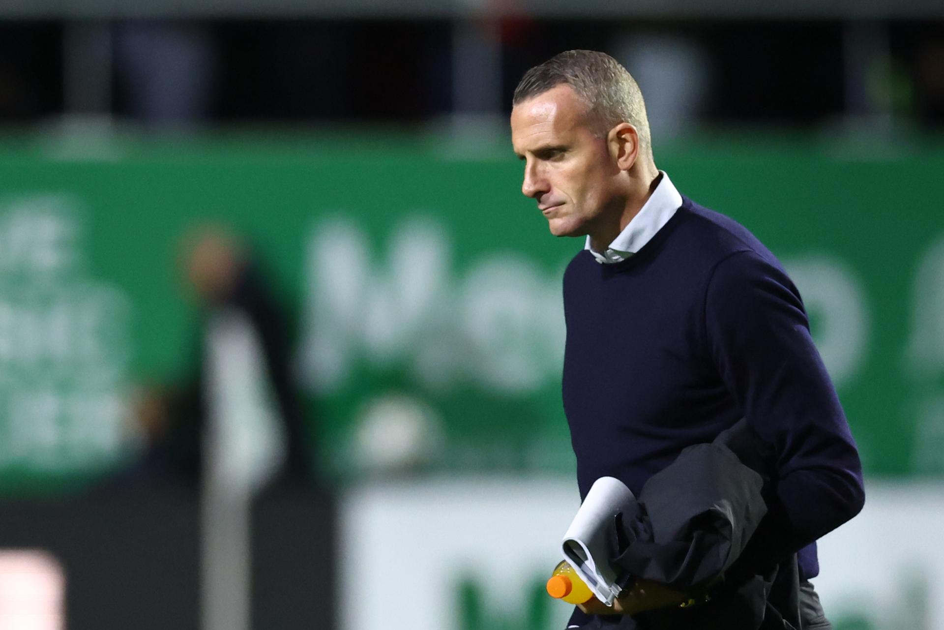 Club's head coach Nicky Hayen pictured during a soccer match between RAAL La Louviere and Club Brugge, Saturday 13 September 2025 in La Louviere, on day 7 of the 2025-2026 'Jupiler Pro League' first division of the Belgian championship. BELGA PHOTO BRUNO FAHY