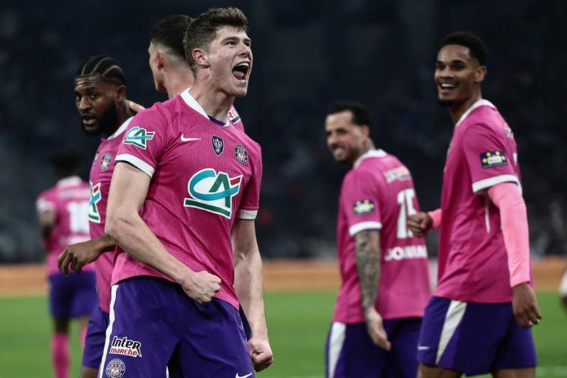 Toulouse's English defender #04 Charlie Cresswell celebrates after scoring a goal during the French Cup quarter final football match between Olympique de Marseille (OM) and Toulouse FC at the Stade Velodrome stadium in Marseille, southern France on March 4, 2026. Thibaud MORITZ / AFP