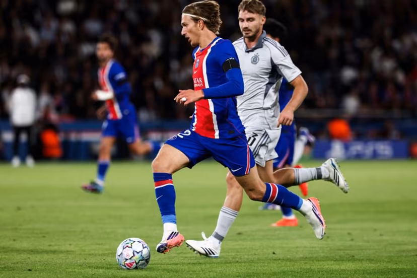 Paris Saint-Germain's Belgian forward #22 Mika Godts controls the ball during the UEFA Champions League, league phase, matchday 1, football match between Paris Saint-Germain (PSG) and Slovan Bratislava at the Parc des Princes Stadium in Paris on September 9, 2026. FRANCK FIFE / AFP