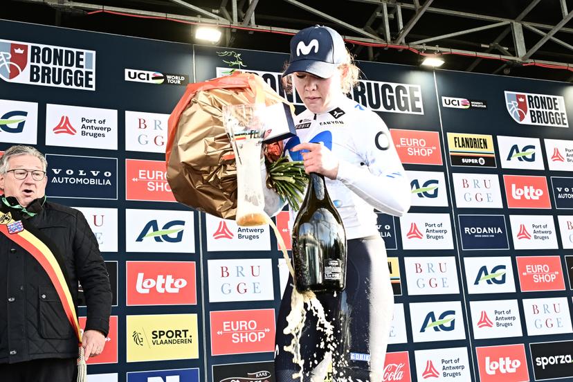 Mayor of Brugge Dirk De Fauw and British Carys Lloyd of Movistar Team pictured on the podium after the 'Ronde van Brugge' women's elite one-day cycling race, 143,7 km from and to Brugge on Thursday 26 March 2026. BELGA PHOTO MAARTEN STRAETEMANS