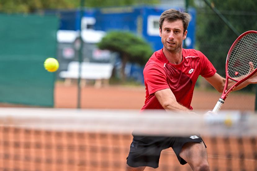 Belgian Sander Gille is pictured in action during a training practice at the 'WAC Wiener Athletic Club' stadium, in preparation of the Davis Cup quelifiers between Belgium and Austria, in Vienna, on Thursday 17 September 2026. BELGA PHOTO DAVID PINTENS