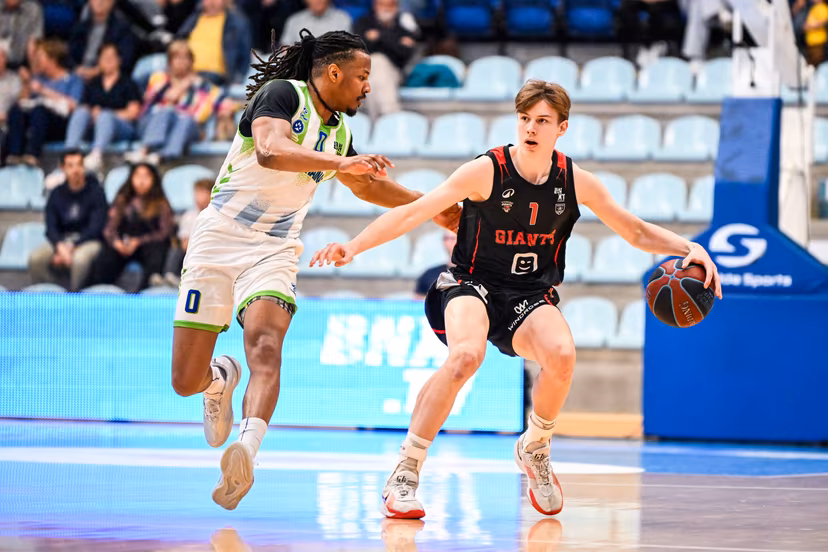 Mons' Gregory Milton and Antwerp's Feie Tallir pictured in action during a basketball match between Union Mons-Hainaut and Antwerp Giants, Saturday 02 May 2026 in Mons, on matchday 32/34 in the 'BNXT League' Belgian/ Dutch first division basket championship. BELGA PHOTO TOM GOYVAERTS