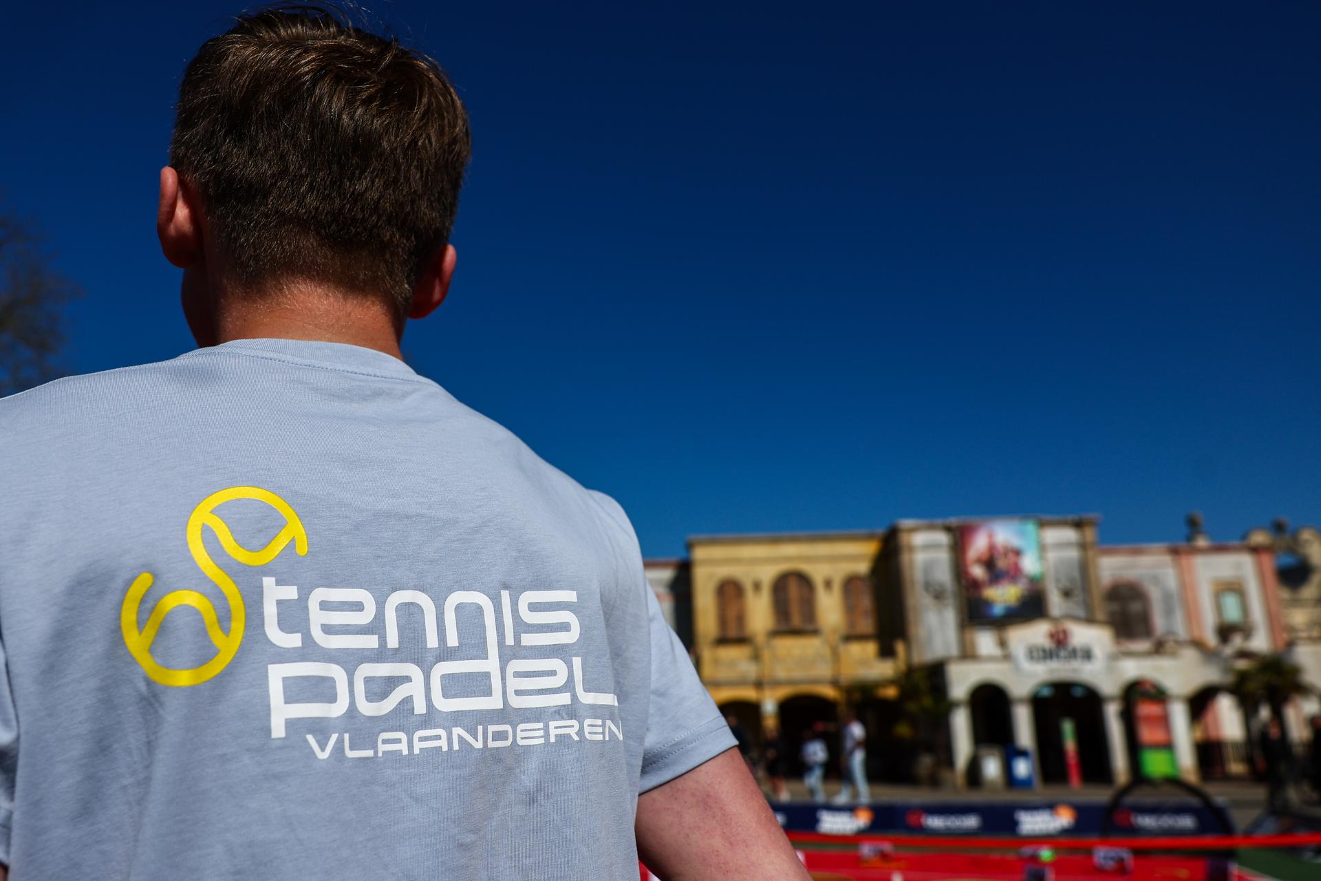 A tennis padel Vlaanderen shirt pictured during the kick-off event of Tennismakingsmaand event at the Bellewaerde amusement park in Ieper on Saturday 05 April 2025. Tennismakingsmaand is an initiative of Tennis en Padel Vlaanderen to recruit new members for affiliated clubs. BELGA PHOTO DAVID PINTENS