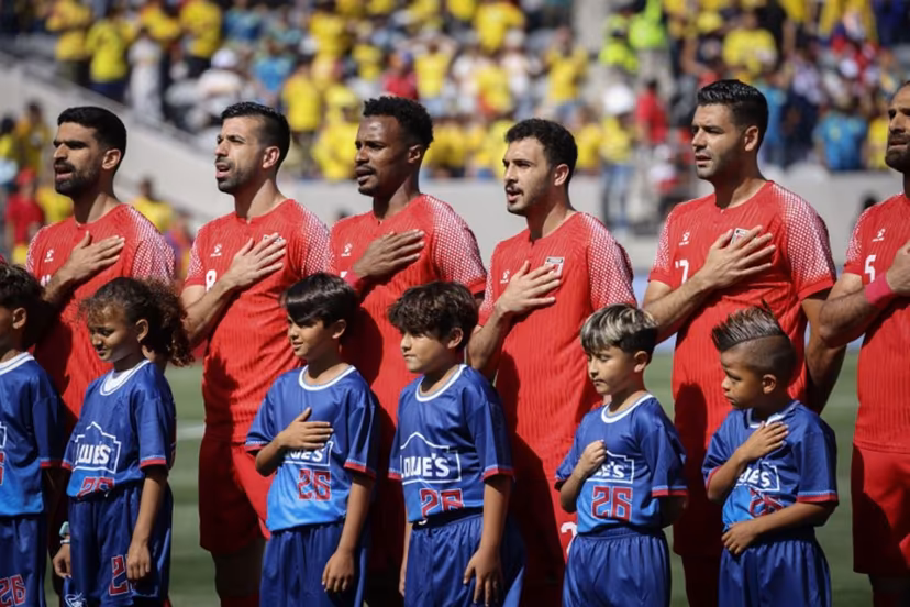 Jordan's players stand for the national anthem ahead of the international friendly football match between Colombia and Jordan at Snapdragon Stadium in San Diego, California, on June 7, 2026. SANDY HUFFAKER / AFP
