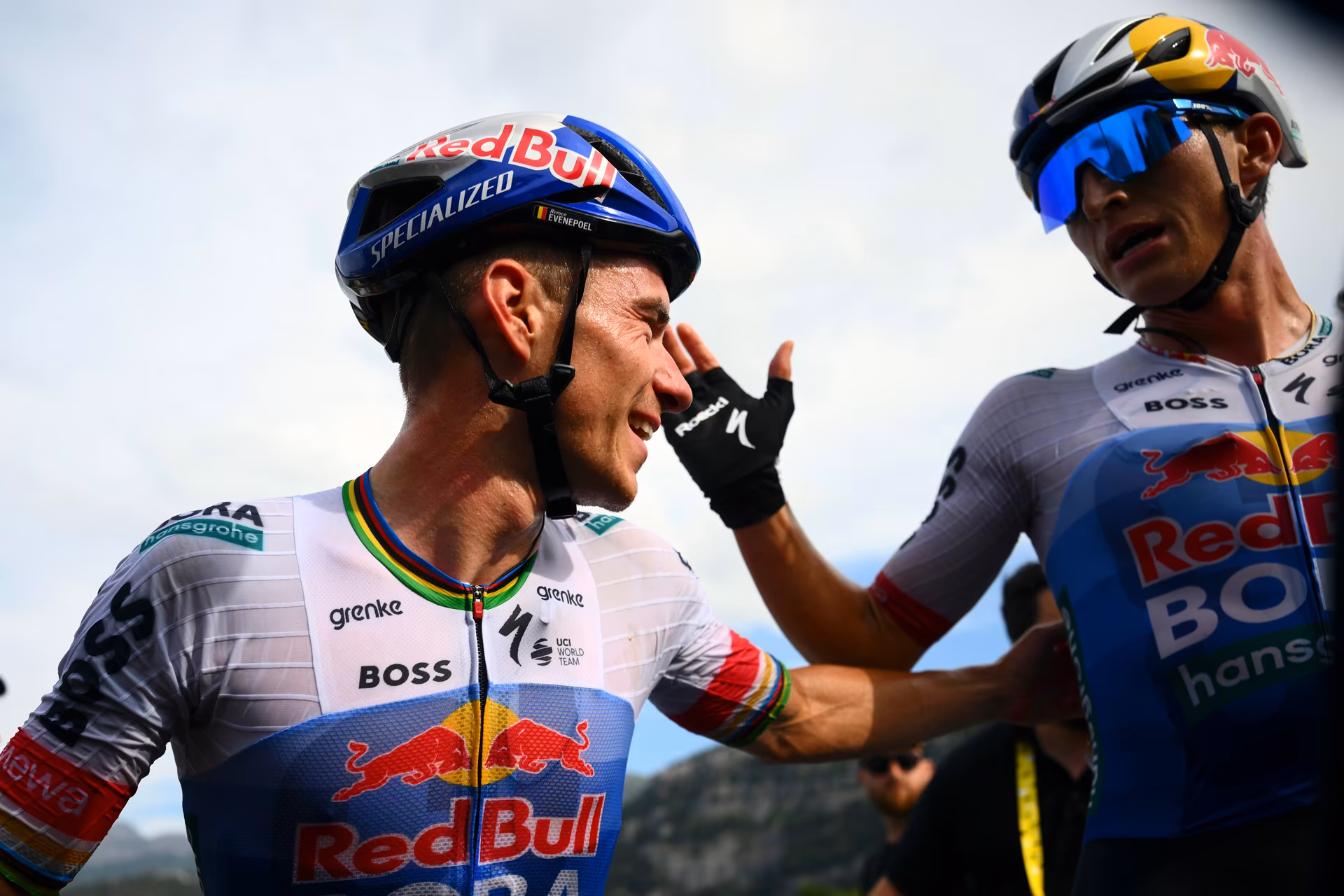 Belgian Remco Evenepoel of Red Bull-BORA-hansgrohe and German Florian Lipowitz of Red Bull-BORA-hansgrohe celebrate after winning stage 15 of the 2026 Tour de France cycling race, a stage of 184km from Champagnole to Plateau de Solaison, on Sunday 19 July 2026. The 113th edition of the Tour de France starts on Saturday 4 July in Barcelona, Spain, and will finish in Paris, France on the 26th of July. BELGA PHOTO POOL GREGORY VAN GANSEN