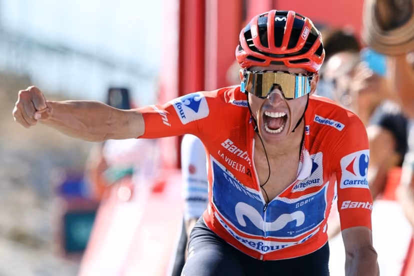 Team Movistar's Spanish rider Enric Mas celebrates winning the 9th stage of the Vuelta a Espana 2026 cycling tour, a 187,4 km race between Villajoyosa and Alto de Aitana in Confrides, on August 30, 2026. Josep LAGO / AFP