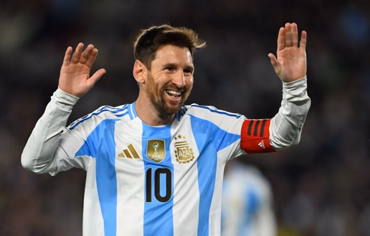 Argentina's forward #10 Lionel Messi celebrates after scoring his second goal during the 2026 FIFA World Cup South American qualifiers football match between Argentina and Venezuela at the Mas Monumental stadium in Buenos Aires on September 4, 2025. Luis ROBAYO / AFP