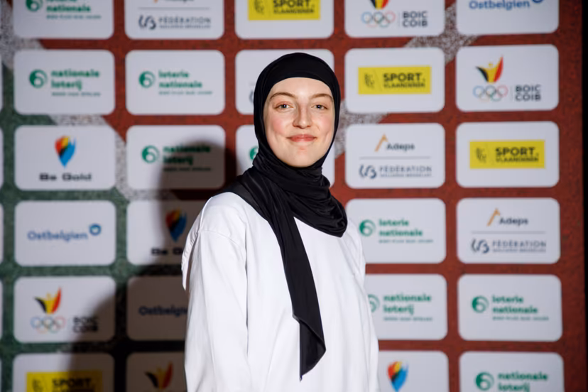 Belgian taekwondoka Sarah Chaari poses for the photographer during a ceremony to celebrate the 20th anniversary of the Be Gold project, Wednesday 09 October 2024 in Brussels. Celebrating its 20th anniversary, the Be Gold project supports the development of the best young talents in top-level sport, with the aim of achieving a Top 8 at the Olympic Games or a Top 3 at the Paralympic Games. BELGA PHOTO HATIM KAGHAT