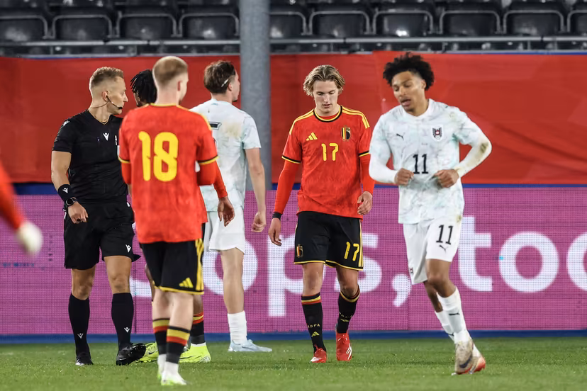 Belgian Romeo Vermant reacts during a game of the Belgian national soccer team Red Devils U21 against Austria, on the day 8 of the qualifications in the group I for the 2027 Euro, in Leuven, Friday 27 March 2026. BELGA PHOTO BRUNO FAHY