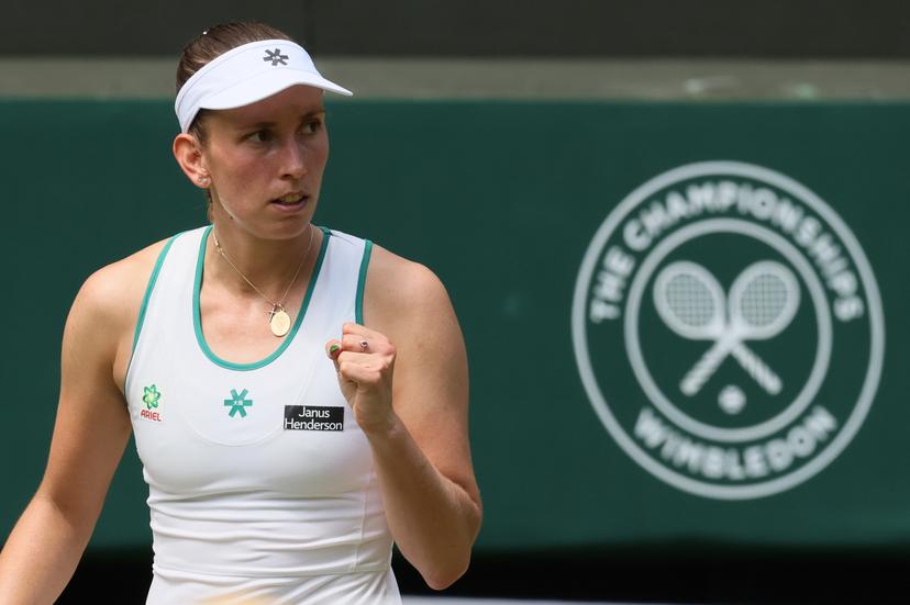 Belgian Elise Mertens reacts during a tennis match between Belgian Mertens and Kazakh Rybakina, in the third round of the Ladies' singles at the Wimbledon grand slam tennis tournament in London, Britain, Saturday 04 July 2026. BELGA PHOTO BENOIT DOPPAGNE