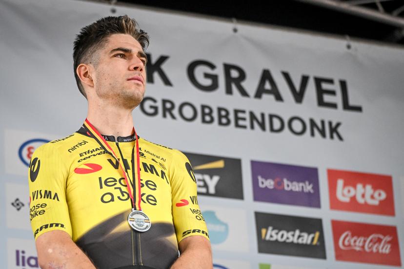 Belgian Wout van Aert pictured on the podium after the elite race at the Belgian Gravel Championships, Sunday 16 August 2026 in Grobbendonk. BELGA PHOTO ELIAS ROM