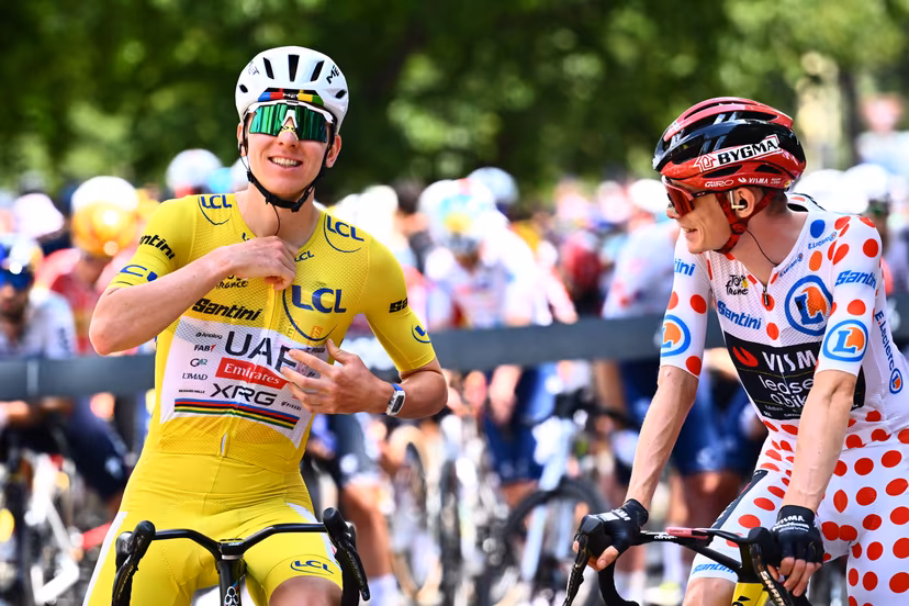 Slovenian Tadej Pogacar of UAE Team Emirates XRG and Danish Jonas Vingegaard of Team Visma-Lease a Bike are pictured before stage 14 of the 2026 Tour de France cycling race, a stage of 155km from Mulhouse to Le Markstein Fellering, on Saturday 18 July 2026. The 113th edition of the Tour de France starts on Saturday 4 July in Barcelona, Spain, and will finish in Paris, France on the 26th of July. BELGA PHOTO POOL GREGORY VAN GANSEN