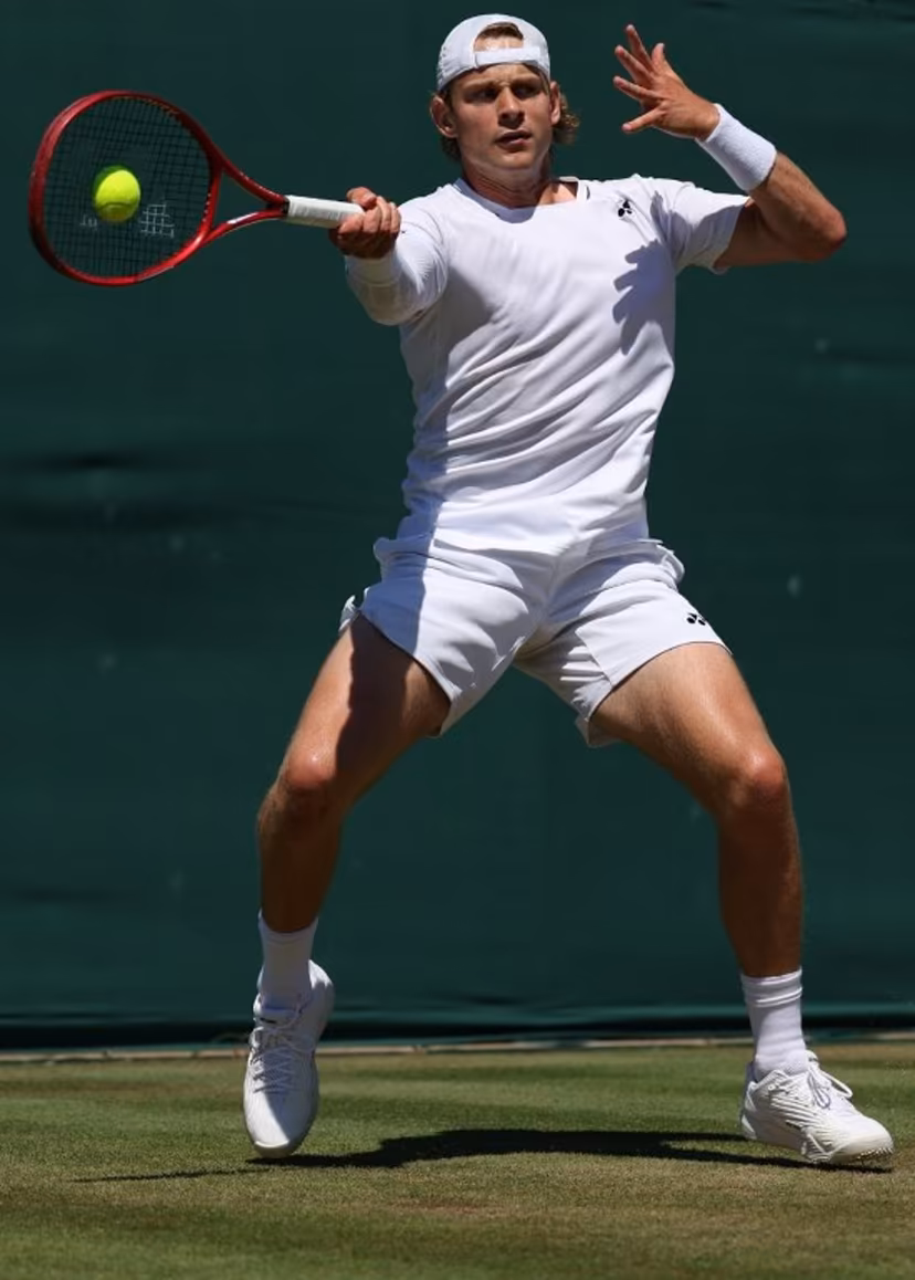 Belgium's Zizou Bergs returns against Portugal's Jaime Faria during their men's singles second round tennis match on the fourth day of the 2026 Wimbledon Championships at The All England Lawn Tennis and Croquet Club in Wimbledon, southwest London, on July 2, 2026. Adrian Dennis / AFP