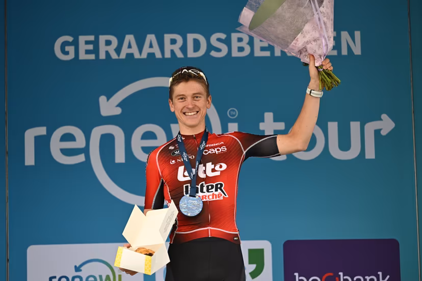 Belgian Jenno Berckmoes of Lotto-Intermarche celebrates on the podium after winning stage three of the 'Renewi Tour' multi-stage cycling race, from Celles to Geraardsbergen (182 km) on Friday 21 August 2026. The five-day race takes place from 19 to 23/08. BELGA PHOTO DAVID PINTENS