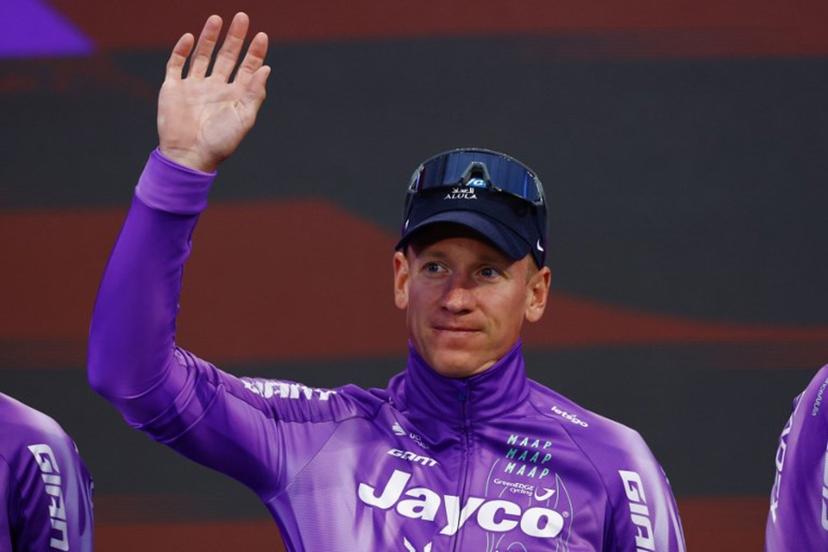 Team Jayco AlUla German rider Pascal Ackermann waves during the team presentation in Burgas, on May 6, 2026, two days before the departure of the Giro d'Italia 2026 - Tour of Italy cycling race. The Giro d'Italia 2026 will depart from Burgas in Bulgaria on May 8, 2026 and finish in Rome on May 31, 2026. Luca Bettini / AFP
