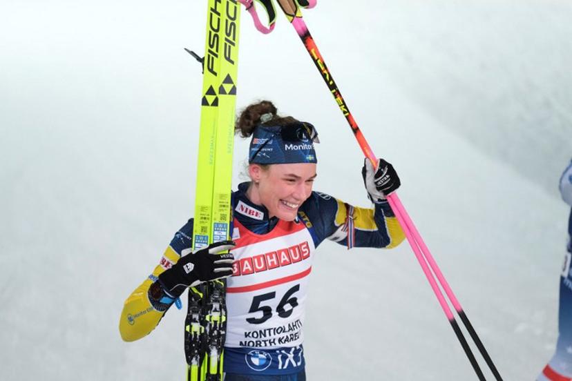 Sweden's Hanna Oeberg celebrates after competing during the women's 15km individual event of the IBU Biathlon World Cup in Kontiolahti, Finland, on March 5, 2026. Minna Raitavuo / Lehtikuva / AFP
