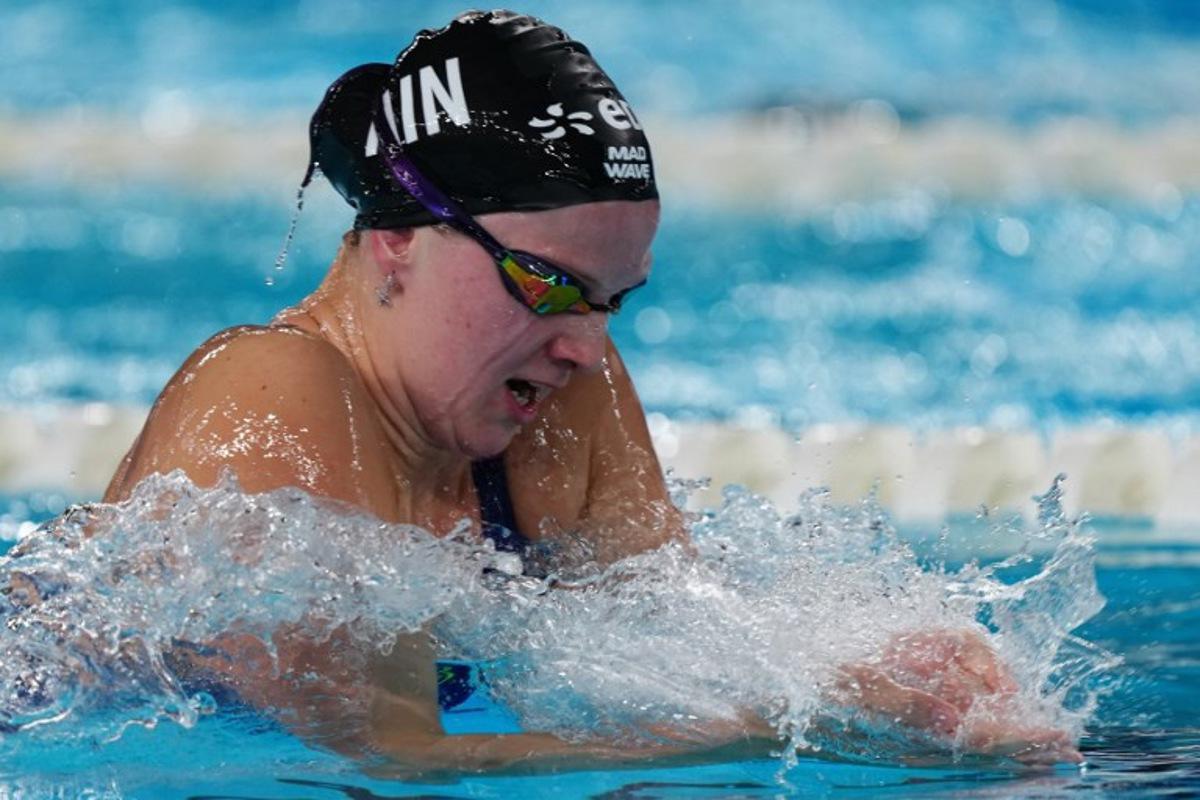 Neutral athlete Evgeniia Chikunova competes in a semi-final of the women's 200m breaststroke swimming event during the LEN European Aquatics Championships at the Olympic Aquatic Centre in Saint-Denis, northern suburbs of Paris, on August 13, 2026. Dimitar DILKOFF / AFP
