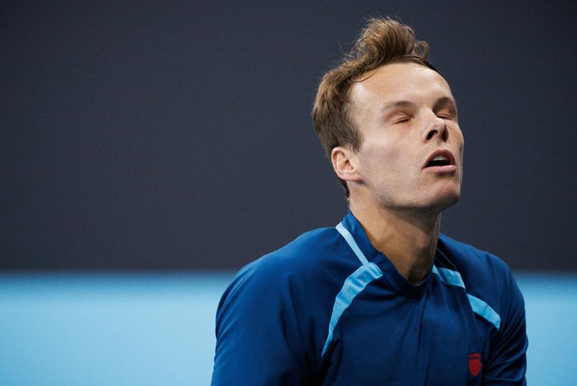 Belgian Michael Geerts pictured during a qualification game between Belgian Geerts and Canadian Diez in the men's singles at the BW Open ATP Challenger 125 tournament, in Louvain-la-Neuve, Monday 22 January 2024. THE BW Open takes place from 22 to 28 January. BELGA PHOTO BENOIT DOPPAGNE