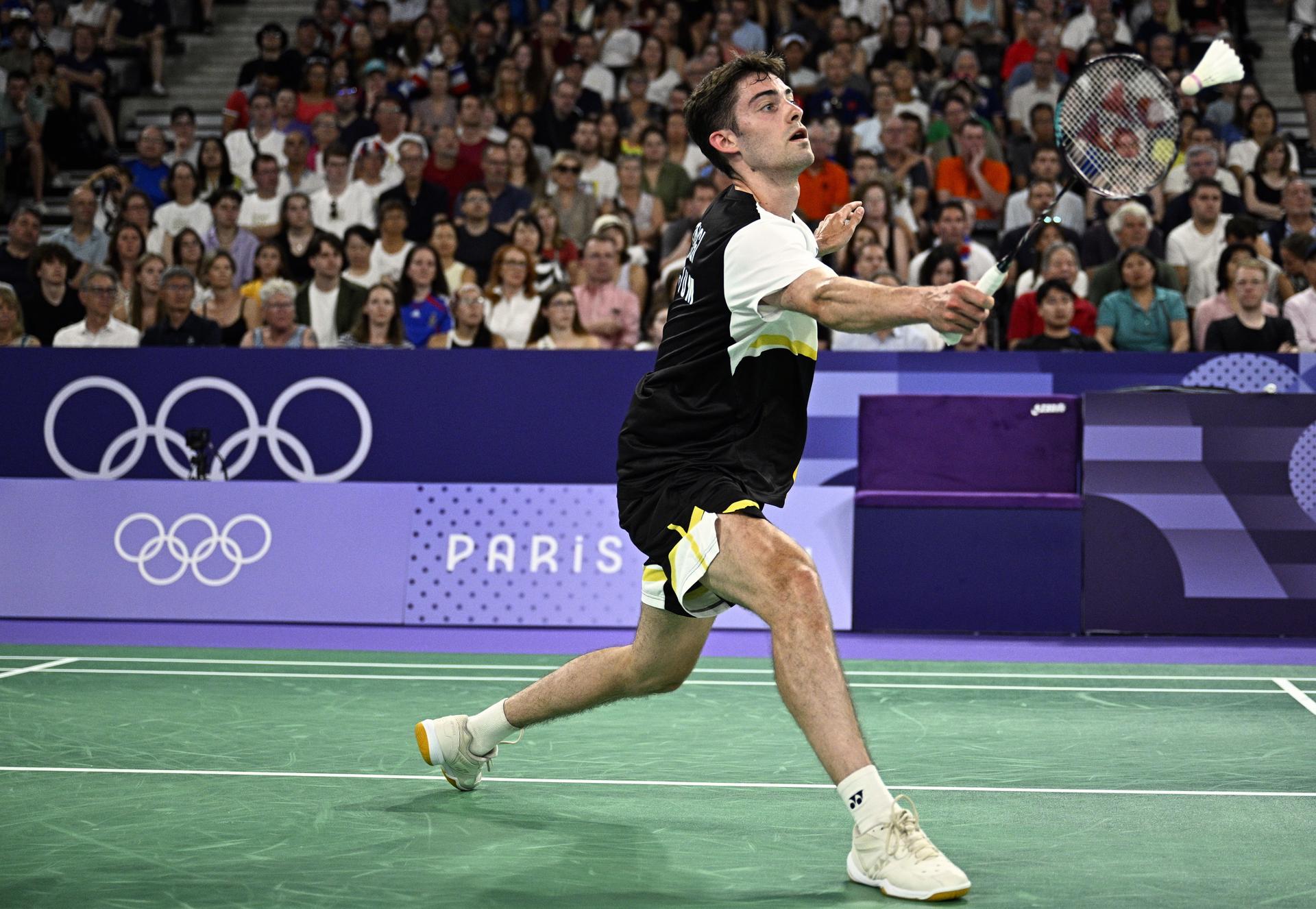 Belgian badminton player Julien Carraggi pictured in action during a badminton match against Indian Sen, in the group play stage of the men's singles tournament at the Paris 2024 Olympic Games, on Monday 29 July 2024 in Paris, France. The Games of the XXXIII Olympiad are taking place in Paris from 26 July to 11 August. The Belgian delegation counts 165 athletes competing in 21 sports. BELGA PHOTO JASPER JACOBS