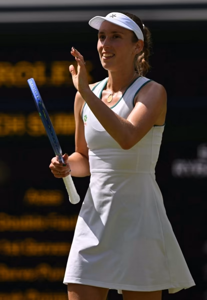 Belgium's Elise Mertens celebrates winning against Kazakhstan's Elena Rybakina during their women's singles third round tennis match on the sixth day of the 2026 Wimbledon Championships at The All England Lawn Tennis and Croquet Club in Wimbledon, southwest London, on July 4, 2026. Glyn KIRK / AFP