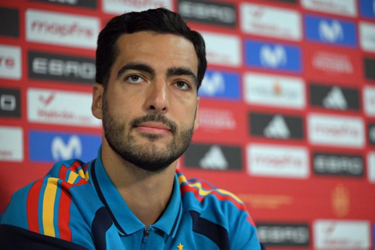 Spain's midfielder #06 Mikel Merino gives a press conference two days ahead of the 2026 World Cup football tournament final match at Melanie Lane Training Grounds in East Hanover on July 17, 2026. MAURO PIMENTEL / AFP