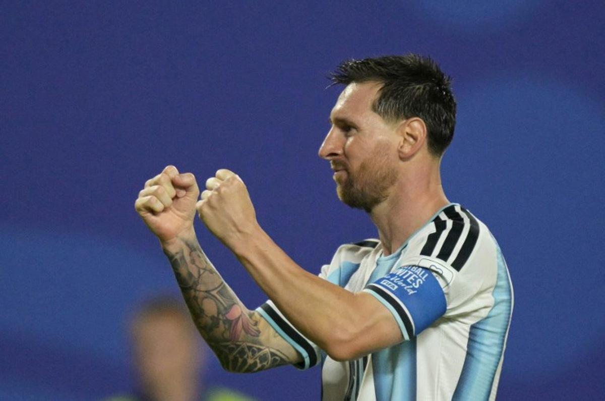 Argentina's forward #10 Lionel Messi celebrates scoring his team's third goal during the 2026 World Cup Group J football match between Argentina and Algeria at the Kansas City Stadium in Kansas City on June 16, 2026. JUAN MABROMATA / AFP