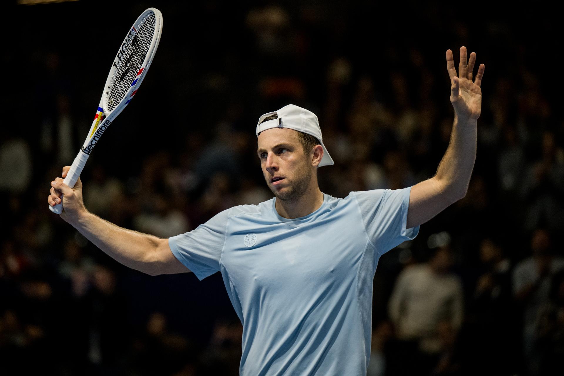 Tallon Griekspoor of the Netherlands celebrates after winning the European Open ATP tennis tournament in Brussels, on Friday 23 October 2026. This year's edition of the tournament is taking place from 17 to 25 October BELGA PHOTO JASPER JACOBS