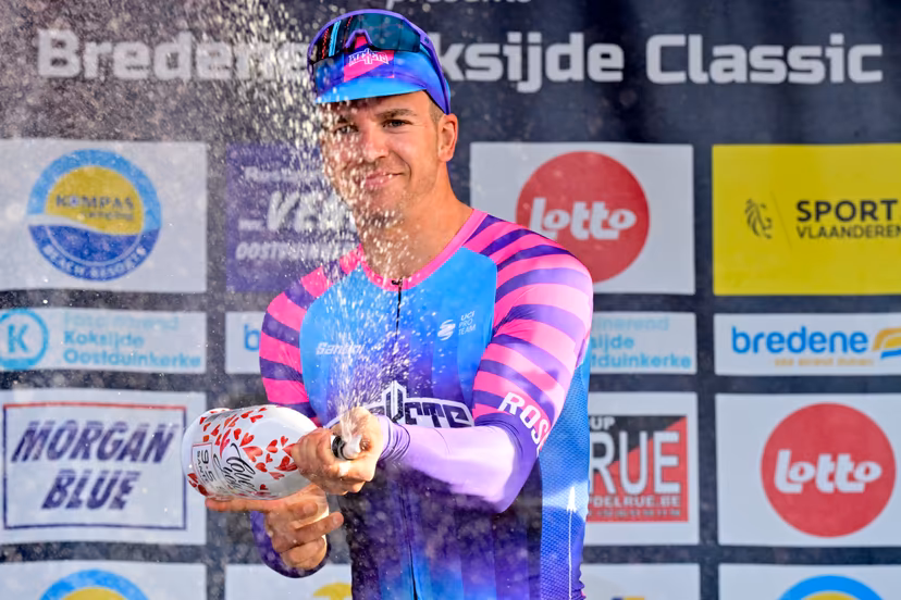 Dutch Dylan Groenewegen of Unibet Rose Rockets celebrates on the podium after winning the 'Bredene Koksijde Classic' one day cycling race, 203,4 km from Bredene to Koksijde, on Friday 20 March 2026. BELGA PHOTO DIRK WAEM