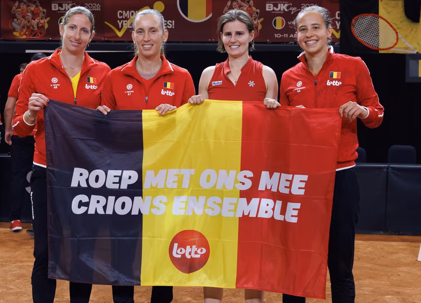Belgian Magali Kempen, Belgian Elise Mertens, Belgian Greet Minnen and Belgian Hanne Vandewinkel pose for the photographer after the fourth game between Belgian Minnen and US' Jovic on the second day of the qualifiers of the Billie Jean King Cup tennis between Belgium and the USA, in Oostende, Belgium, on Saturday 11 April 2026. The meeting takes place on 10 and 11th April. PHOTO BENOIT DOPPAGNE