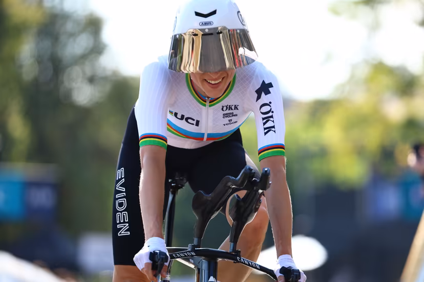 Swiss Marlen Reusser of Movistar Team pictured as she crosses the finish line of the 24 km time trial of the Women Elite category at the UEC road European cycling championships, Wednesday 01 October 2025, in Loriol-sur-Drome, France. The European cycling championships Drome-Ardeche takes place from 1 to 5 October, France. BELGA PHOTO DAVID PINTENS