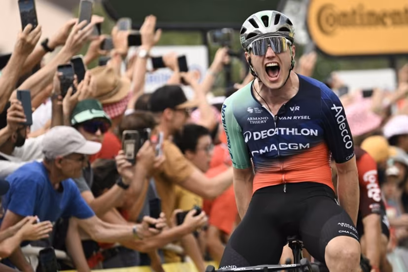 Decathlon CMA CGM Team's Dutch rider Olav Kooij cycles to the finish line to win the 5th stage of the 113th edition of the Tour de France cycling race, 158 km between Lannemezan and Pau in southwestern France, on July 8, 2026. Jeff PACHOUD / AFP
