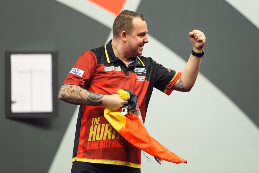 ATTENTION EDITORS - HAND OUT PICTURES - EDITORIAL USE WITH STORY ON DARTS WORLD CHAMPIONSHIPS ONLY - MANDATORY CREDIT KIERAN CLEEVES/PDC Hand out pictures released by PDC Professional Darts Corporation shows Belgian Kim Huybrechts celebrating after defeating Scottish Wright on day ten of the 2023 Cazoo World Darts Championship at Alexandra Palace, London, UK, on Tuesday 27 December 2022. MANDATORY CREDIT KIERAN CLEEVES/PDC