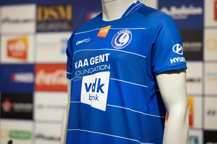 Illustration picture shows the new shirt with KAA Gent Foundation logo pictured during the weekly press conference of Belgian soccer team KAA Gent, Friday 08 April 2022 in Gent, to discuss the next game in the national competition. BELGA PHOTO JAMES ARTHUR GEKIERE
