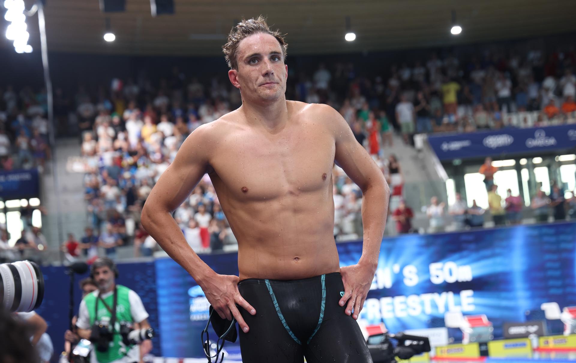 Belgian athlete Lucas Henveaux looks dejected after the final of the Men's 400 m freestyle race on the last day of the European Aquatics Championships in Paris, France on Sunday 16 August 2026. BELGA PHOTO VIRGINIE LEFOUR