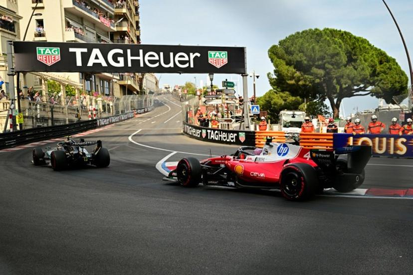 Mercedes' Italian driver Kimi Antonelli (L) leads the standing start followed by Ferrari's British driver Lewis Hamilton (R) during Monaco Formula 1 Grand Prix at the Monaco street circuit in Monaco, ahead of the, on June 7, 2026. Andrej ISAKOVIC / AFP