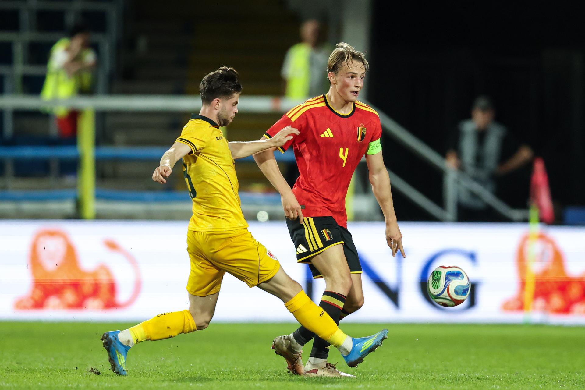 Belgium's Matte Smets is pictured in action during a soccer game between Belgium U21 and Wales U21, Tuesday 29 September 2026 in Westerlo, qualifier 7/8 for the 2027 European Championships. BELGA PHOTO BRUNO FAHY