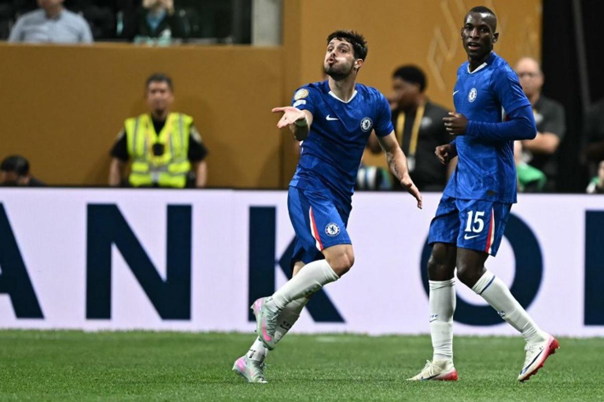 Chelsea's Portuguese midfielder #07 Pedro Neto (C) celebrates next to Chelsea's Senegalese striker #15 Nicolas Jackson after scoring a goal during the Club World Cup 2025 Group D football match between England's Chelsea and US Los Angeles FC at the Mercedes-Benz stadium in Atlanta on June 16, 2025. Paul ELLIS / AFP