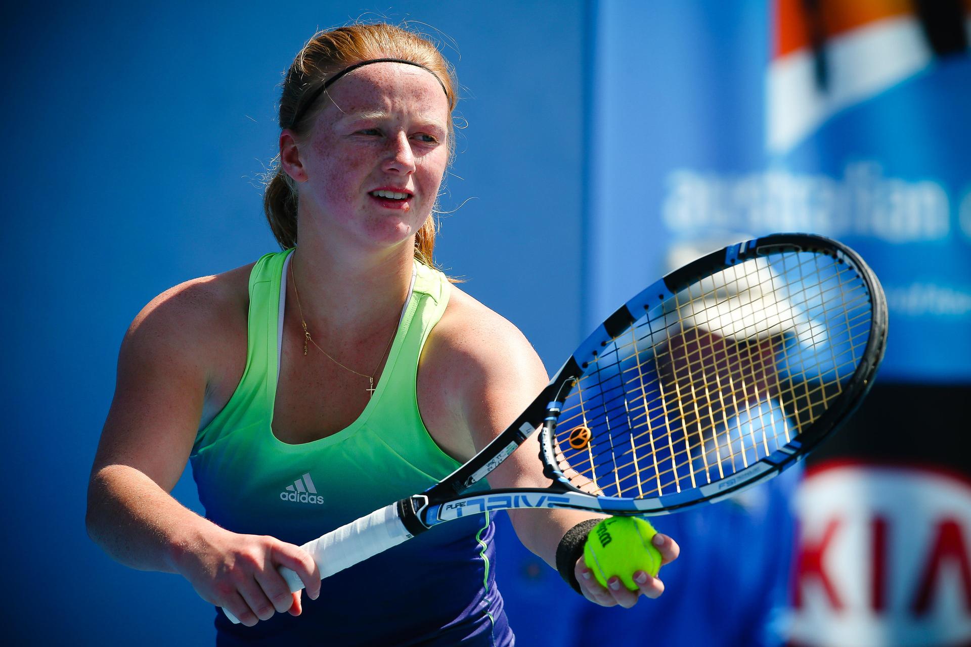 20160123 - MELBOURNE, AUSTRALIA: Belgian Lara Salden plays her first round game of Junior Girls Singles against Japanse Mai Hontama at the 'Australian Open' tennis Grand Slam, Saturday 23 January 2016 in Melbourne Park, Melbourne, Australia. The first grand slam of the season takes place from 18 to 31 January. BELGA PHOTO PATRICK HAMILTON