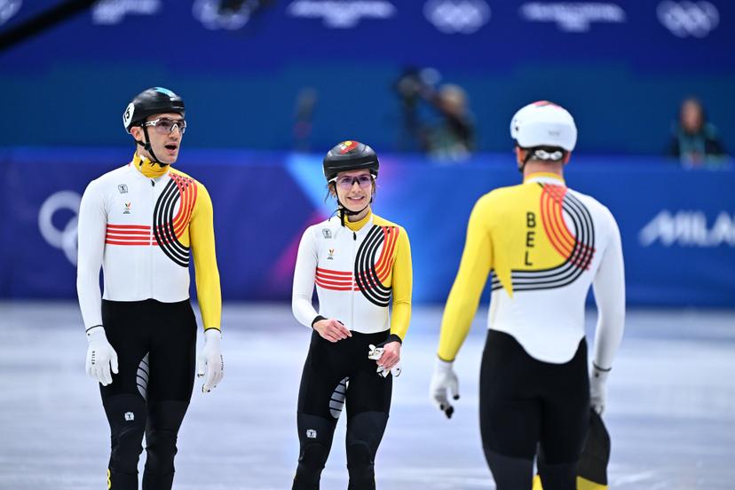 Belgian shorttrack skater Stijn Desmet, Belgian shorttrack skater Hanne Desmet and Belgian shorttrack skater Ward Petre celebrate a bronze medal in the Final of the Mixed Team Relay of the Short Track Speed Skating competition at the Milano Cortina 2026 Olympic Winter Games, on Tuesday 10 February 2026 in Milan, Italy. The XXV Winter Olympics take place from 6 to 22 February 2026 in Italy. BELGA PHOTO JASPER JACOBS