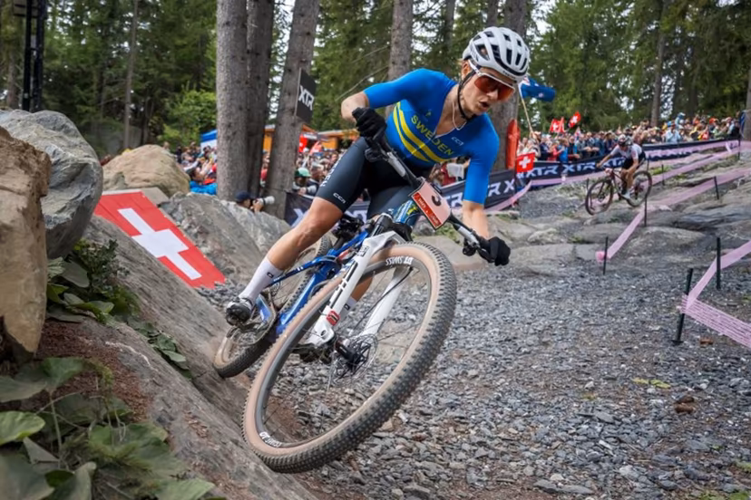 Sweden's Jenny Rissveds competes in the Women's elite Cross-country Olympic race as part of the 2025 UCI Mountain Bike World Championships in Crans-Montana on September 13, 2025. Fabrice COFFRINI / AFP