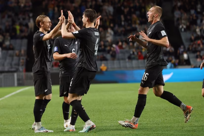 New Zealand's Ben Waine celebrates his goal with teammates during the international friendly football match between New Zealand and Chile at Eden Park in Auckland on March 30, 2026. Michael Bradley / AFP