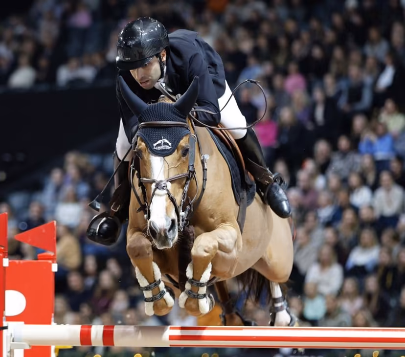 Belgium's Abdel Said rides Arpege du RU during the Grand Prix jumping competition of the Sweden International Horse Show, at the Friends Arena in Stockholm, on November 27, 2022. Christine OLSSON / TT News Agency / AFP