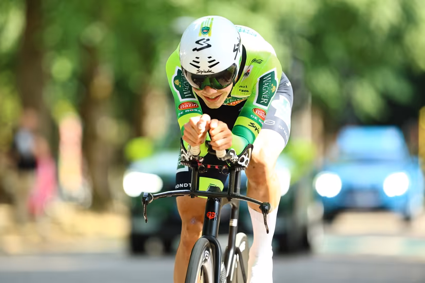 Belgian Michiel Lambrecht of Wagner Bazin WB pictured in action during the men's elite individual time trial of the Belgian Cycling Championships, 40,2km, in Brasschaat, on Friday 27 June 2025. BELGA PHOTO DAVID PINTENS